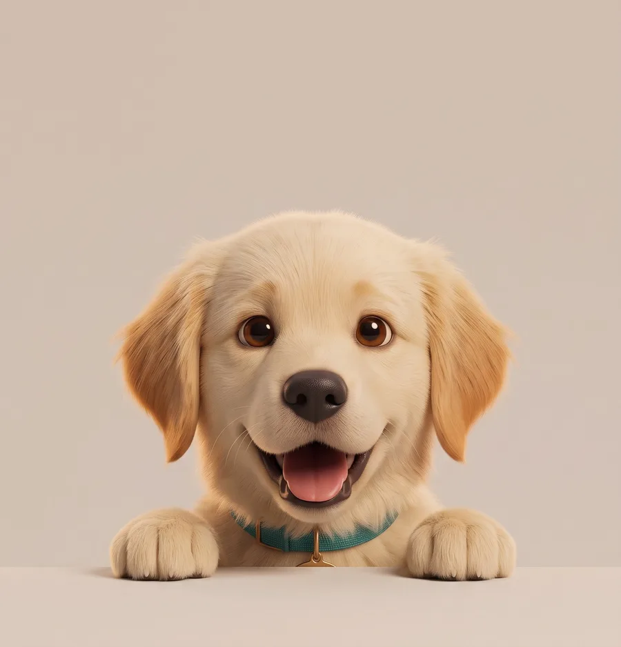 Pika, a golden retriever puppy, peeking over a table and smiling